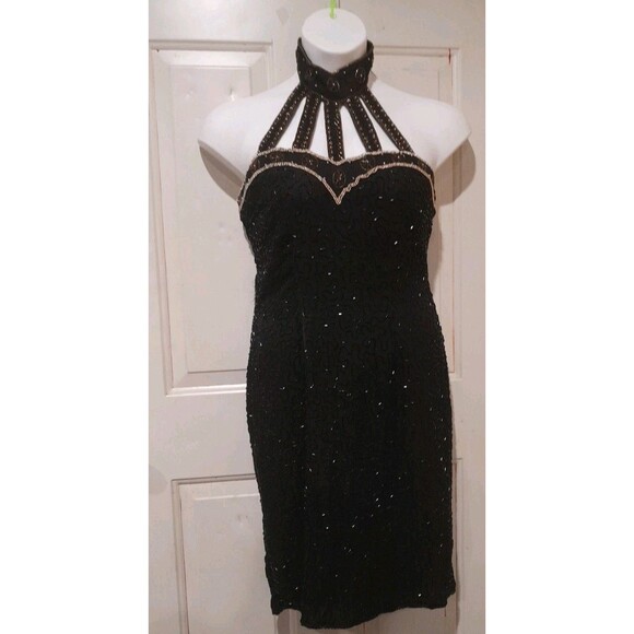 Vintage Linsiano Beaded Dress with Gold Detail Choker, Black, Sz L - Picture 1 of 8